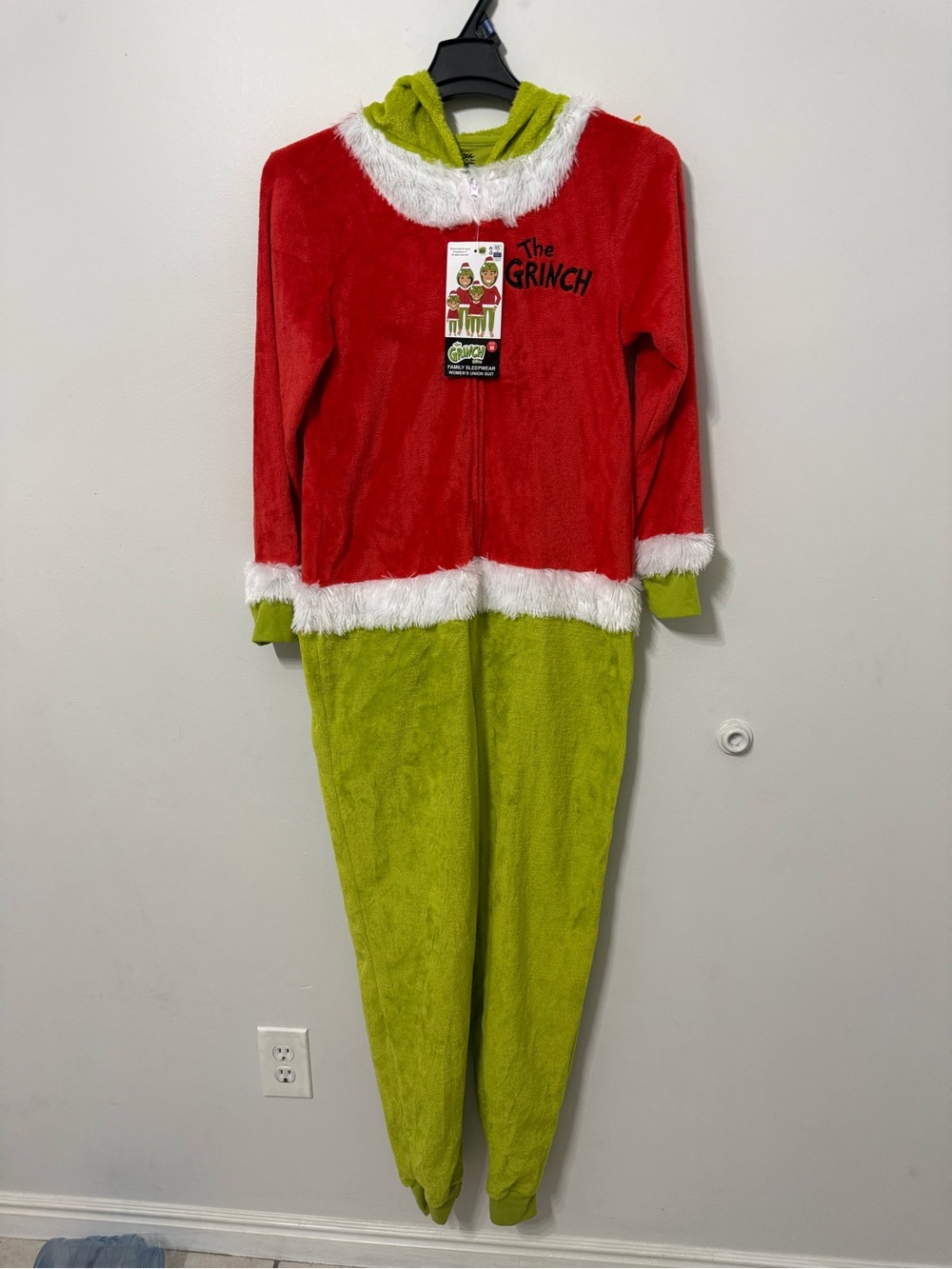 l Red and Green Plush Costume Hoodie Jumpsuit
